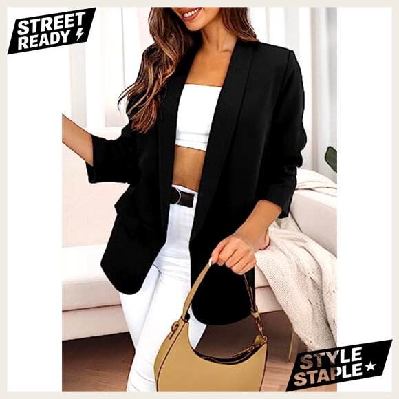 Oversized Blazer Open Front Shawl Collar Business Casual Polyester Jacket - Picture 3 of 7